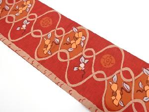 未使用品　変わり網目に椿模様織り出し　袋帯